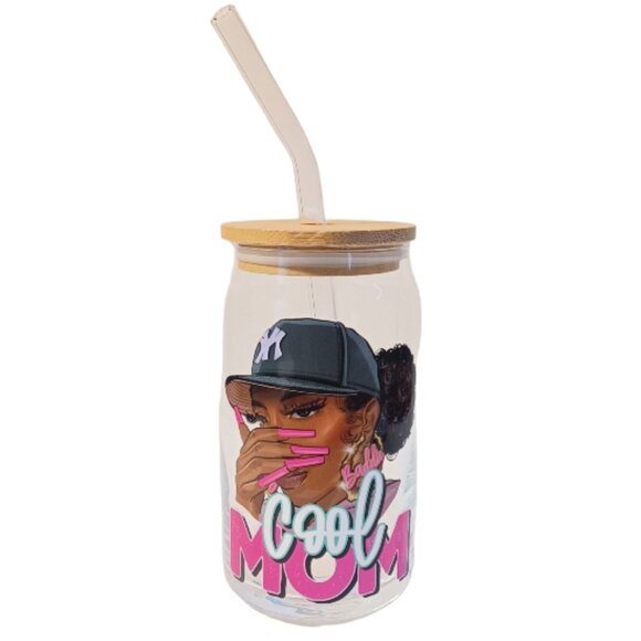 16oz Baddie Cool MOM Green NY Fitted Hat Nails Glass Can Cup Bamboo Lid Straw - Picture 1 of 5